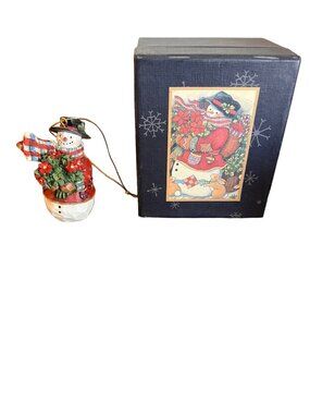 Old Glory Susan Winget 2000 Snowman Ornament 2.75" Tall Boxed With Festive